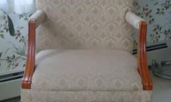 Very nice side chair. Upholstered in pale gold-colored damask. Some wear on arms, but overall excellent condition. Classy addition to any room. Purchased new from Young's Furniture severl years ago for $600.00.