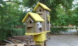 painted rustic birdhouses in red,yellow,and purple.i also make several style of unpainted ones.
call for more pics.713 806 3132