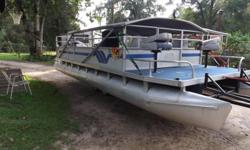 1984 blue and white pontoon boat . 28ft with 40 mercury .Has new treated plywood floor with new carpet, hard top ,very roomy, 5 stationary seats and 2 move around bench seats, dual axil pontoon trailer with new lights.Runs great