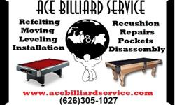With over 20 yrs exp in the billiard industry ACE BILLIARD SERVICE has worked on thousands of pool tables
including every major studio, tv shows / movies / commercials
specializing in: moving / re-felting / installation / re-level / disassembly / new