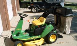 &nbsp;
JOHN DEERE GX85;13HP B&S; 30" DECK; BAGGER AND CHUTE; 10 YRS OLD; MECHANICALS PROFESSIONALLY SERVICED WITH NEW BATTERY SPRING '12 AND IT STARTS AND RUNS GREAT; TWO BLADES (ONE MULCHING); ALWAYS GARAGED; LOOKS LIKE NEW FROM 10 FEET AWAY; CALL ..