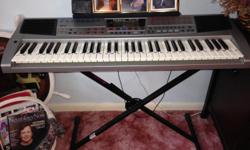 This electric keyboard plays multiple side band instrumentals, perfect for one-person band sound! Excellent condition, with custom cover to fit over the unit. Includes stand. Please call 334-4229.