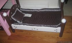 These beds are hand made from 3/4" pine, built to last. My husband builds them and I paint and decorate them and make the bedding, comes with mattress pad, coverlet, and pillow coordinated to match the beds. Your girls will love them! We also have bunk