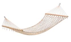 Comfortably sway in the breeze with ease! This solo relaxation station is made from robust cotton in a natural ivory color to complement any outdoor oasis. Recycled cotton rope on a wood frame with metal hanging rings. Specification Weight: 2.0 lbs. 39