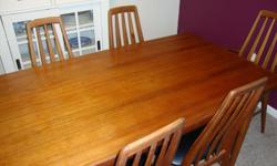 Solid 68" teak table with two additional leaves extending out 14" each end. Comes with five teak/black vinyl chairs and protective coverings for table top. Great condition, modern look. Must be able to pick up.
Accept cash only/consider best offer.