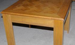 &nbsp;
Solid Wood Pattern End Table
Good Condition. 26" long x 23" wide x 16" high
Zigzag wood inlay adds subtle design to this light wood end table that blends stylishly with most
furnishings.
&nbsp;
Moving Sale. Selling many household items, furniture,