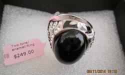 Sigal stylish two tone sterling silver & enamel onyx female ring size 9 1/2 with precious stones retail's $249 i buy in bulk you pay $75&nbsp;or best offer new selling 9am - 6pm&nbsp;no shipping cash only.