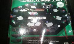 Like Texas Hold'em? Here is an excellent tournament styled poker table top by "Cardinal" still practically new in it's original packaging(including game instructions), and casino quality green playing surface. Complete with 8 Player individual trays for