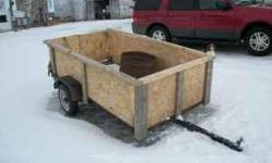 4 X 8 TRAILER, PLYWOOD FLOOR, METAL FRAME, TILT BED, RUNNING LIGHTS, BRAKE LIGHTS, FOUR FLAT LIGHT CONNECTOR, 12 INCH TIRES, 2 FT. WOOD SIDES, SIDES ARE REMOVEABLE, TIRES IN GREAT SHAPE, 1 7/8 BALL, GREAT FOR HAULING LAWN MOWERS AND FOUR WHEELERS $400