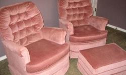 Low profile and very comfortable tufted fabric swivel rocker chairs with matching ottoman. Fabric is corduroy in a rosy pink color. Because it has a relatively small footprint, it would fit nicely in a bedroom, office/study, although it could also go into