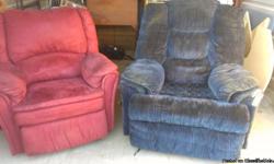 Storage clean-out! Two recliners, good condition, one burgundy suede-like standard sized, and one blue&nbsp;over-sized wall-hugger, $50 each or $75 pair. 46-inch Sharp flatscreen, 1080dpi, 5 years old, $500. Oak finished TV cabinet stand $100. Three